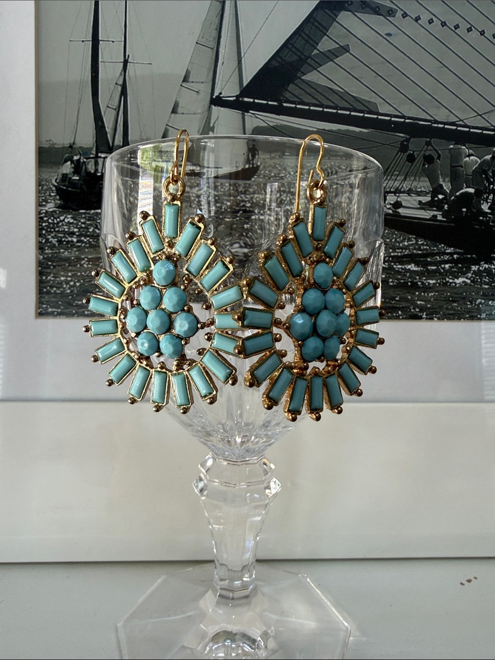 Turquoise Sunburst Drop Earrings - Gold Tone